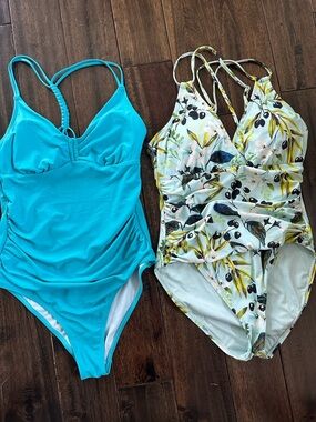 Turquoise One-Piece Swimsuit & Olive Floral One-Piece Set